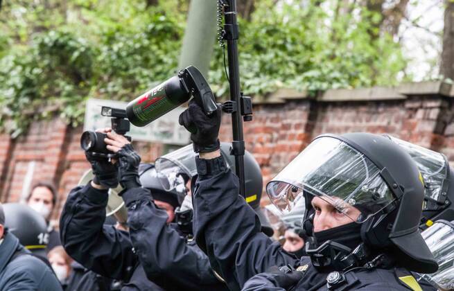 Munich, Bavaria, Germany: Dachau and Munich USK riot police use pepper ...