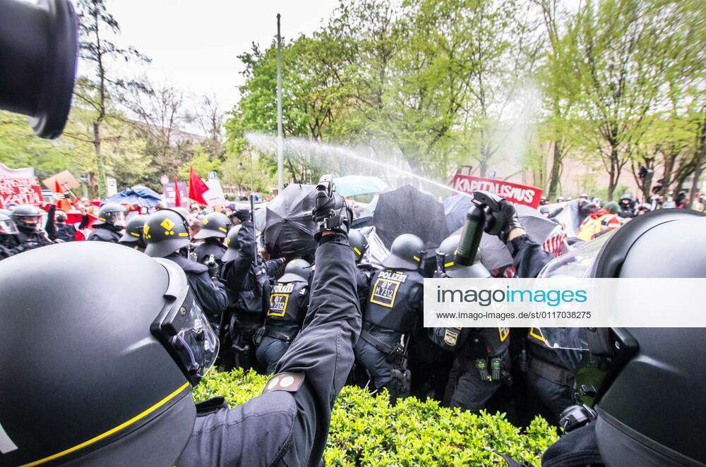 Munich, Bavaria, Germany: Dachau and Munich USK riot police use pepper ...