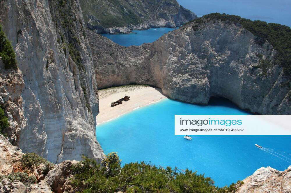 Zakynthos, boats in a bay at Smuggler s wreck, Ionian Islands