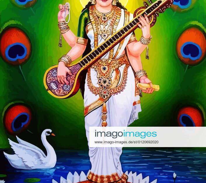 hinduism god Saraswati spiritual swan play veena white lotus holy green