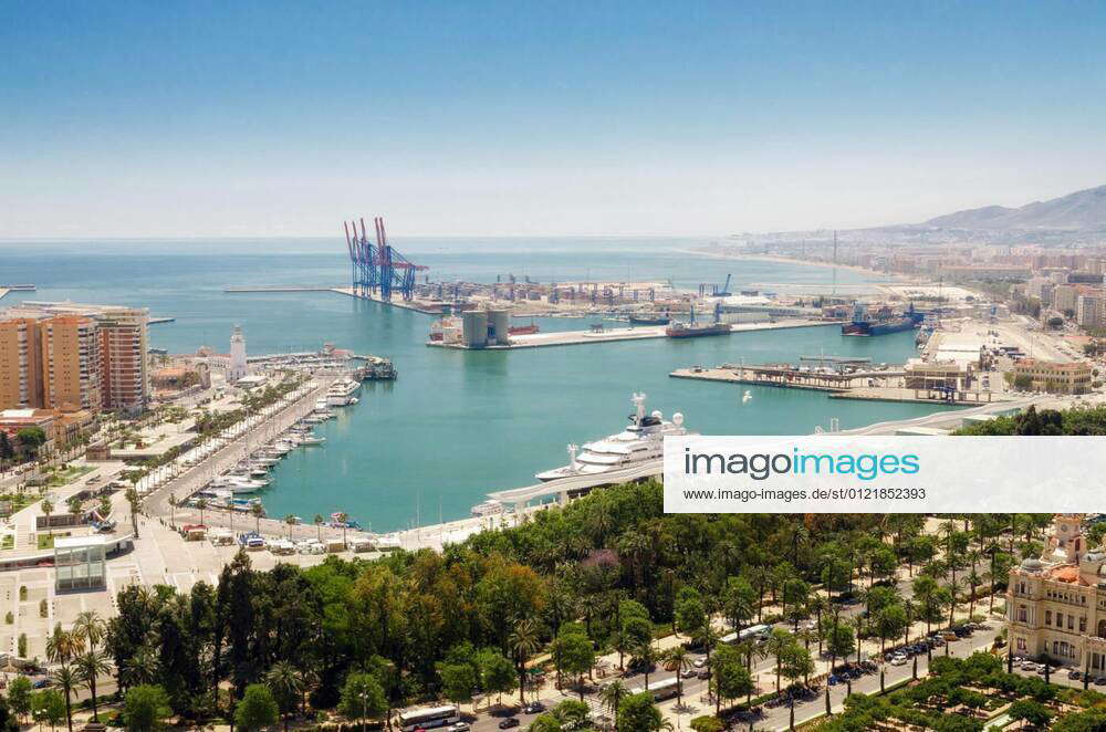 Cityscape of Malaga with mediterranean sea port harbor. Andalusia, Spain