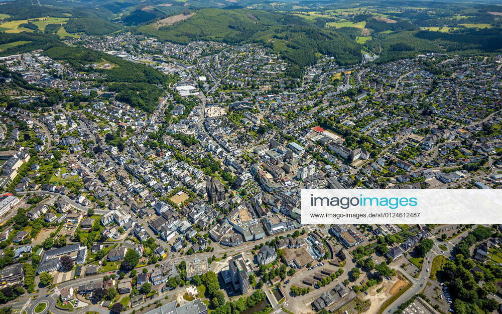 Aerial view, city center view, city hall, St Martinus church, Olpe city