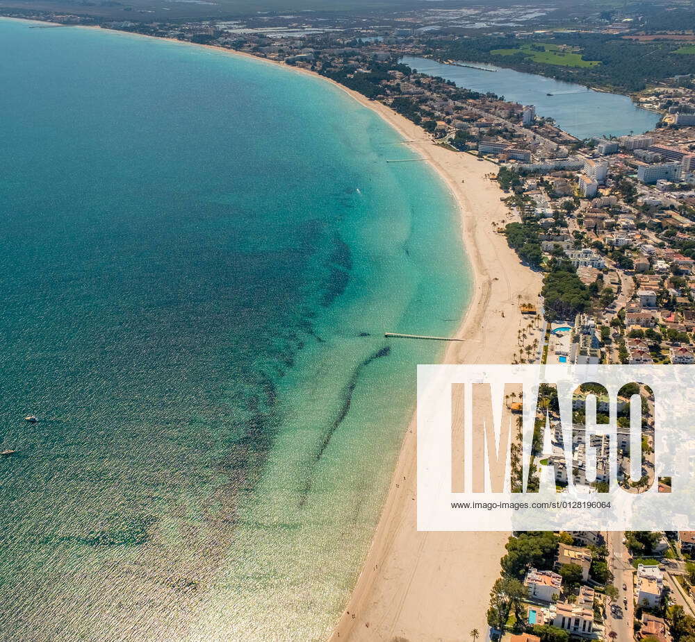 Aerial view, Alcudia, turquoise water on the beach of Alcudia, Platja d ...