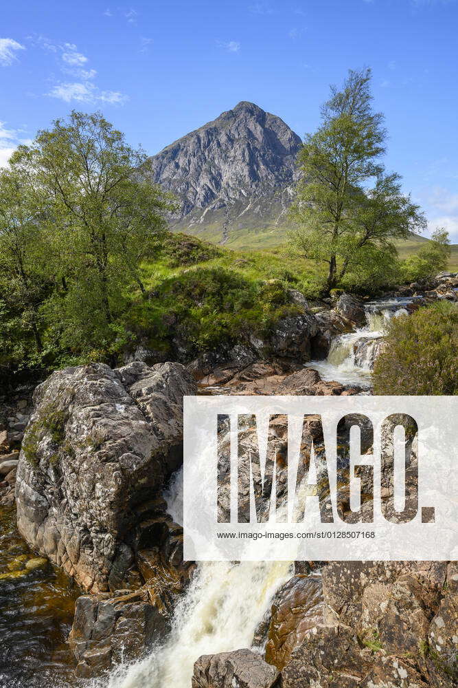 Small waterfall in Glen Etive with Stob Dearg peak in background