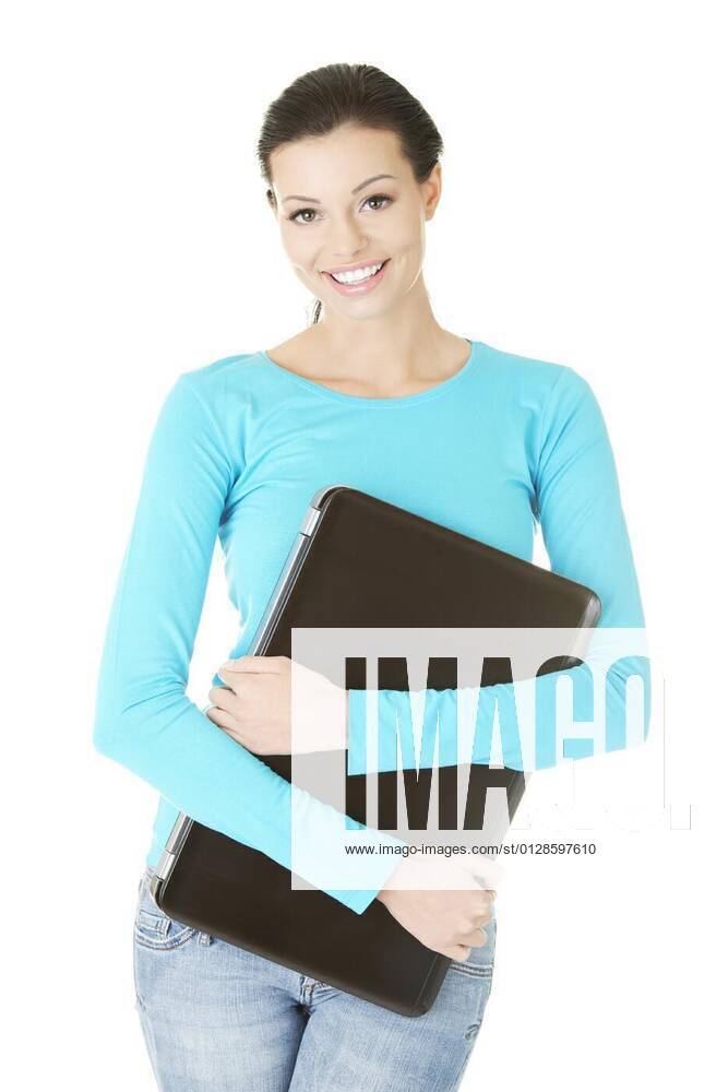 Young woman holding 17 inch laptop model released, Symbolfoto, 12.03. ...