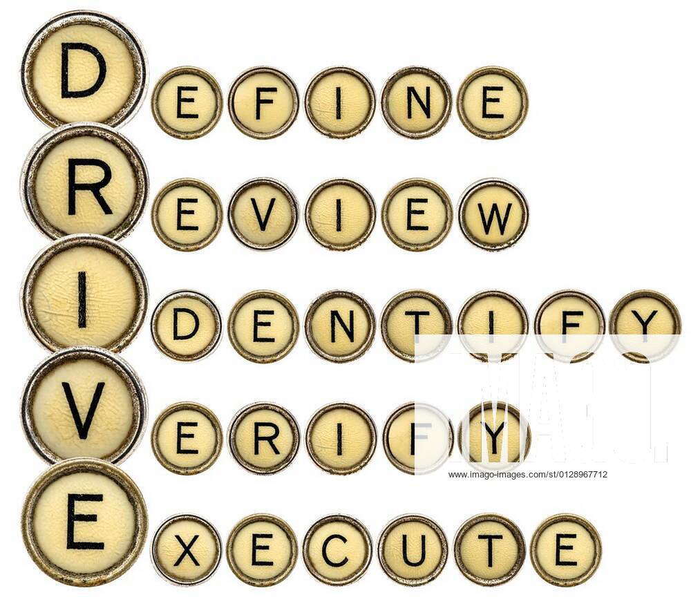 Define, Review, Identify, Verify, Execute DRIVE quality control acronym in vintage typewriter keys