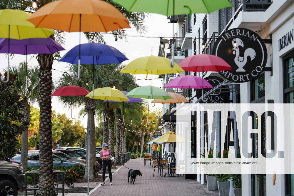 October 12, 2021, Dunedin, Florida, USA Colorful umbrellas hang over