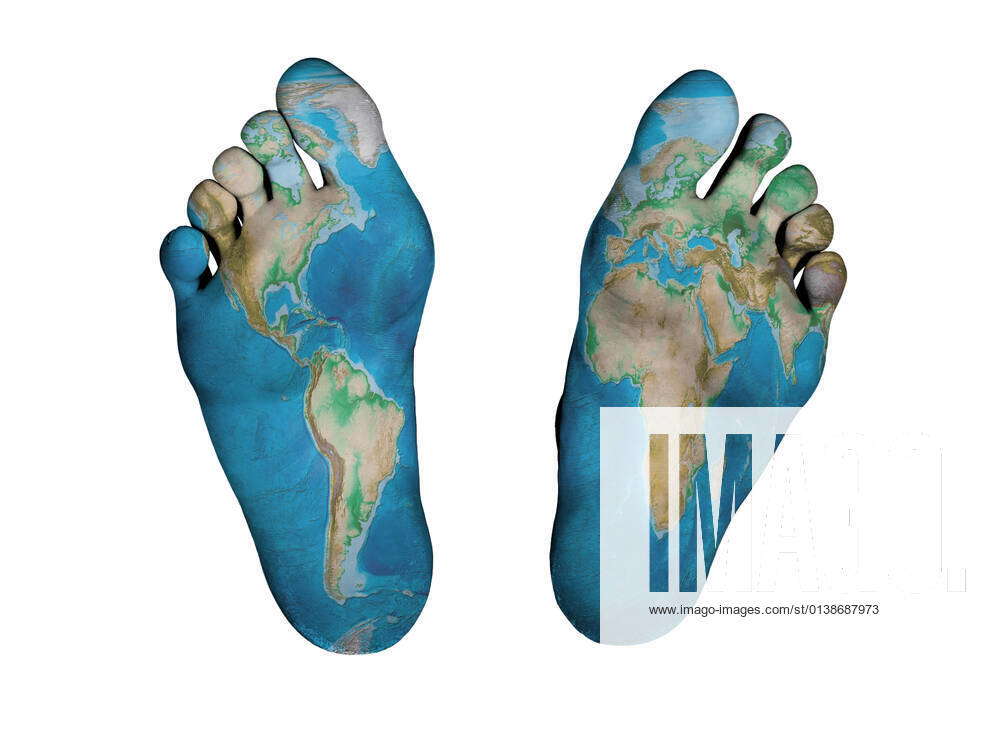 Human feet isolated on white, world map print