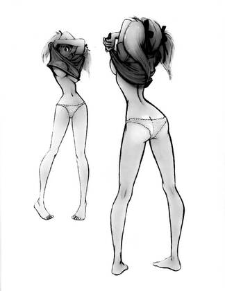 Beautiful girl takes off a t-shirt. Tutorial of drawing female