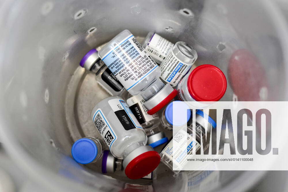 A vaccine carrying freezer with vials of Moderna, Janssen and Pfizer