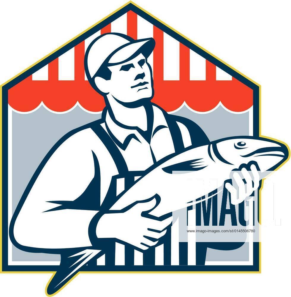 Fishmonger Holding Fish Retro