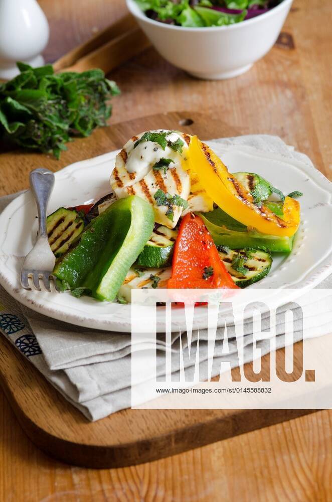 Roasted vegetables topped with griddled Halloumi cheese