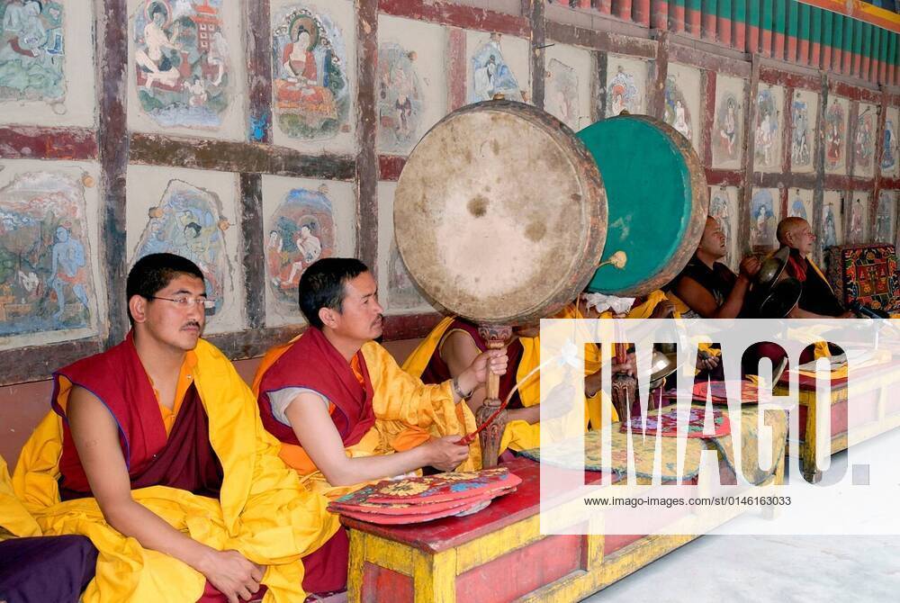 Monks playing musical instrument in Hemis festival ; Hemis ; Leh