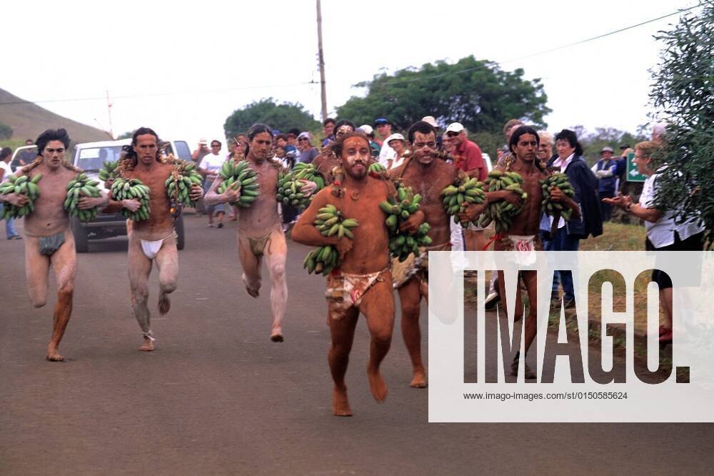 Easter Island, Men Competing In Banana Race During Tapati Festival Rapa Nui