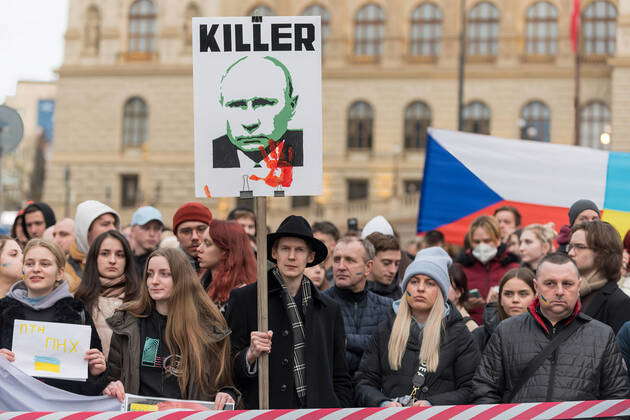 February 24, 2024, Prague, Czech Republic: Protesters gather at the Old ...