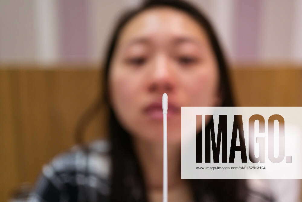 Young Asian female with nasal cotton swab making antigen express test ...