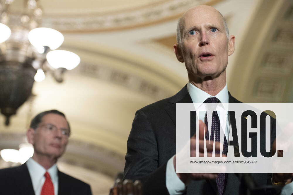 Sen. Rick Scott, RFL, speaks during a press conference after the Senate party luncheons at the US C