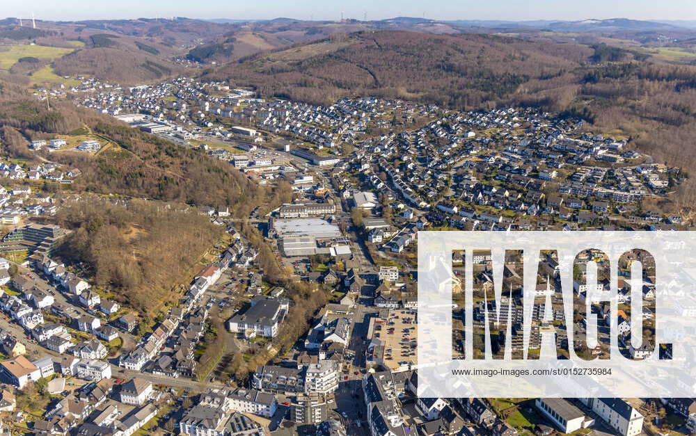 Aerial view, city view with city hall, Kaufland and REWE as well as