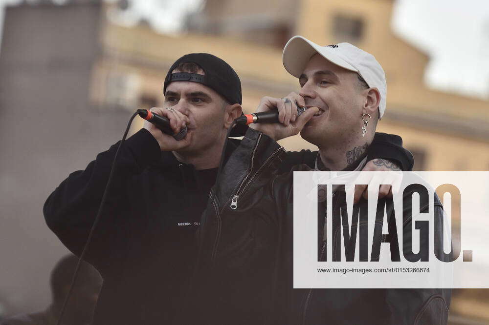 Rapper Davide De Luca better known as Gemitaiz and rapper Gemello perform  on stage during a