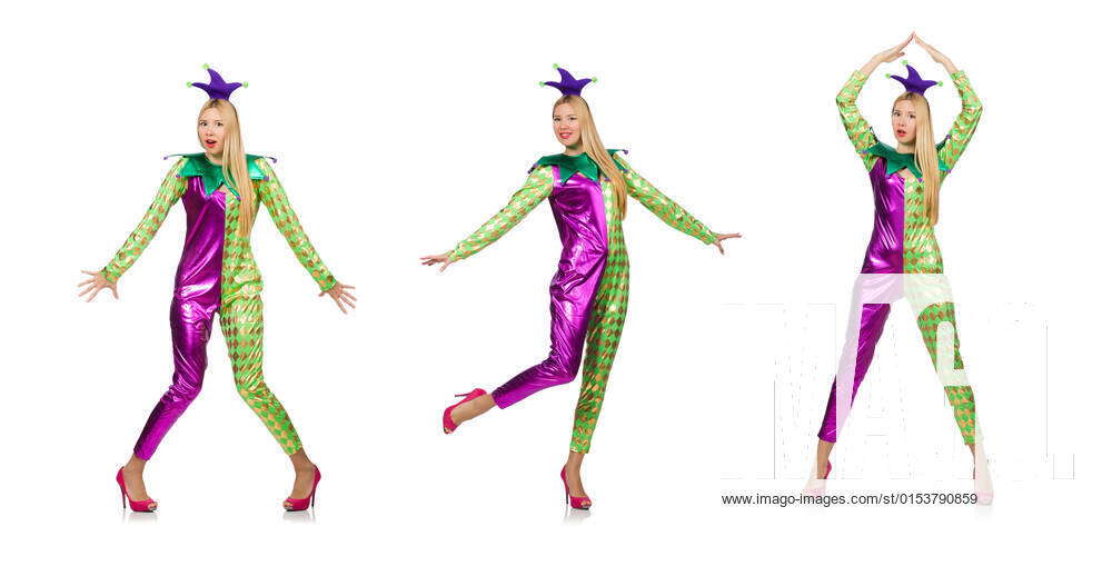 Woman Wearing Clown Costume Isolated On White Model Released