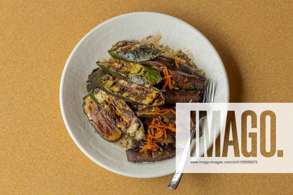 Grilled zucchini and portobello mushrooms in balsamic vinegar glaze