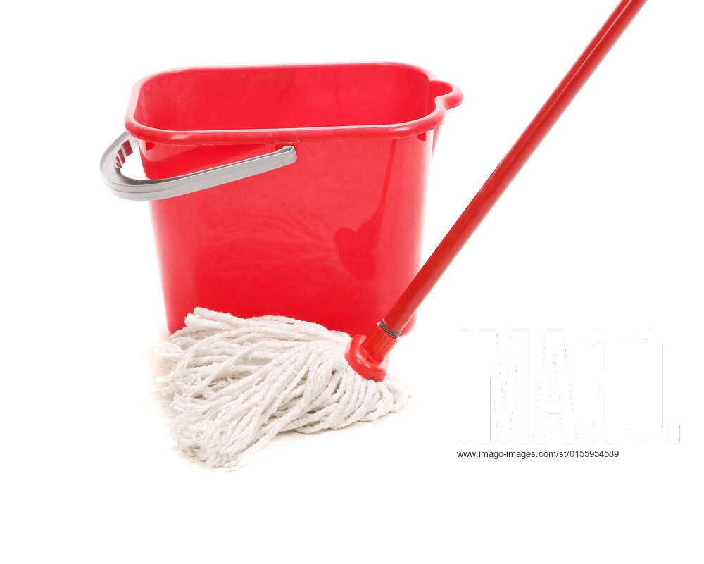 Red bucket with cleaning mop. Isolated on a white background