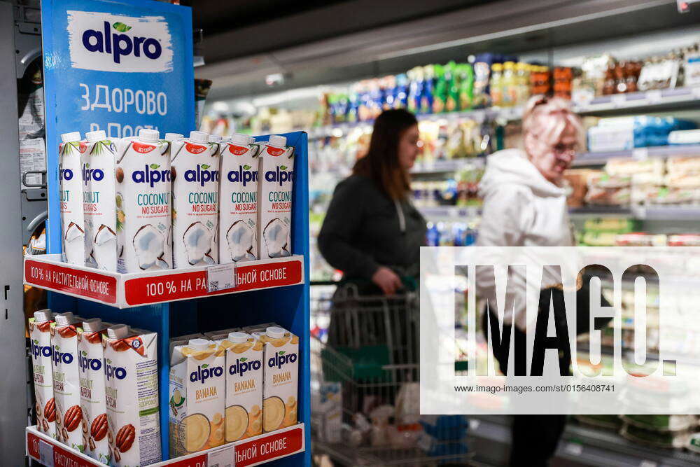 MOSCOW, RUSSIA - APRIL 20, 2022: This illustration shows Alpro plant based  milk in a shop of