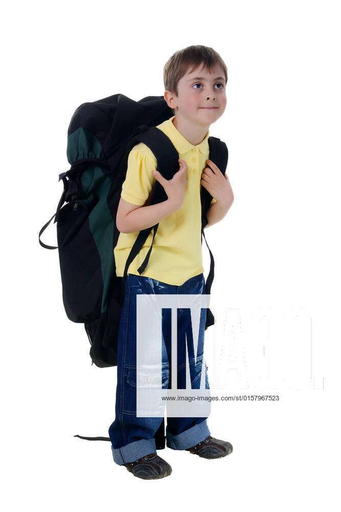 Little boy with a large tourist backpack on the white background.  (isolated), model released