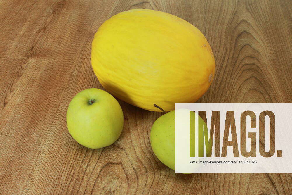 Two apples and one melon displayed on a table top , 3188437, fruit