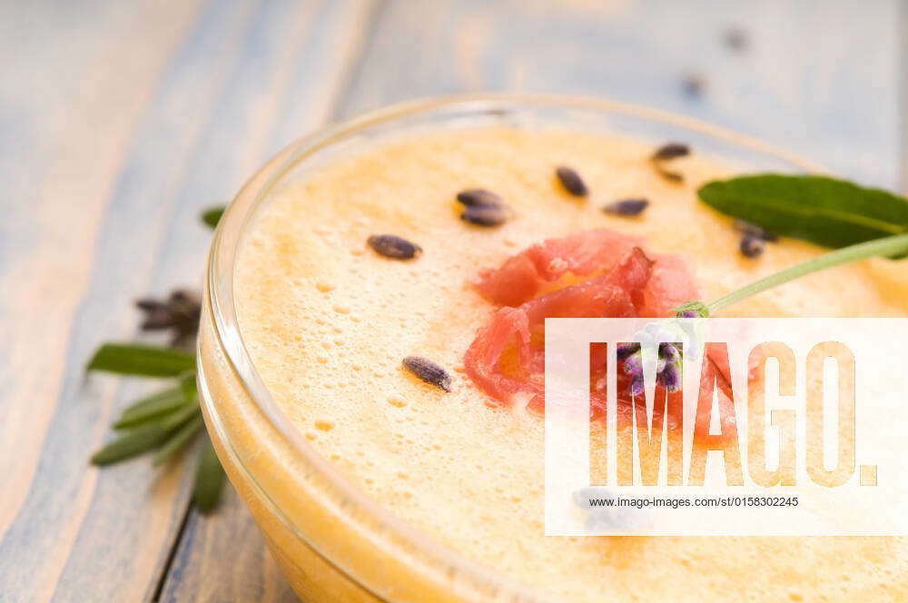 Fresh melon soup with parma ham and lavender flower , 2265351, bowl