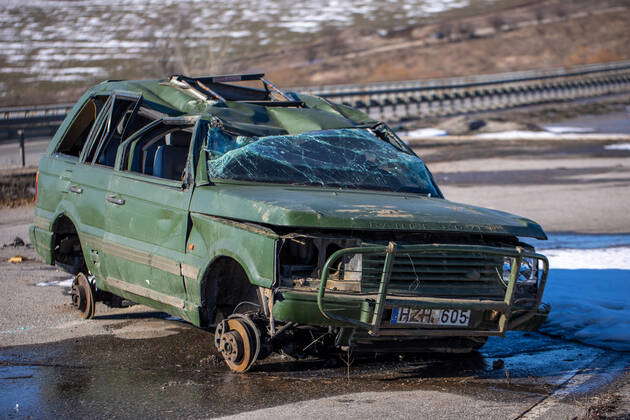 View of crashed Range Rover car in the highway. Broken car. Automobile ...