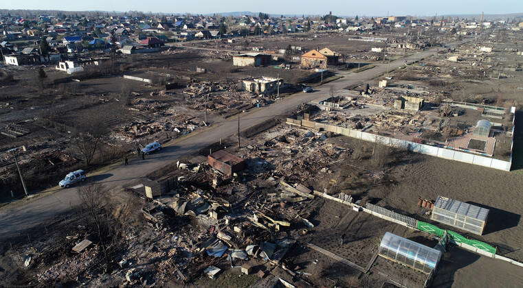 Russia Wildfires 8189658 11.05.2022 The aerial view shows a burnt - out ...