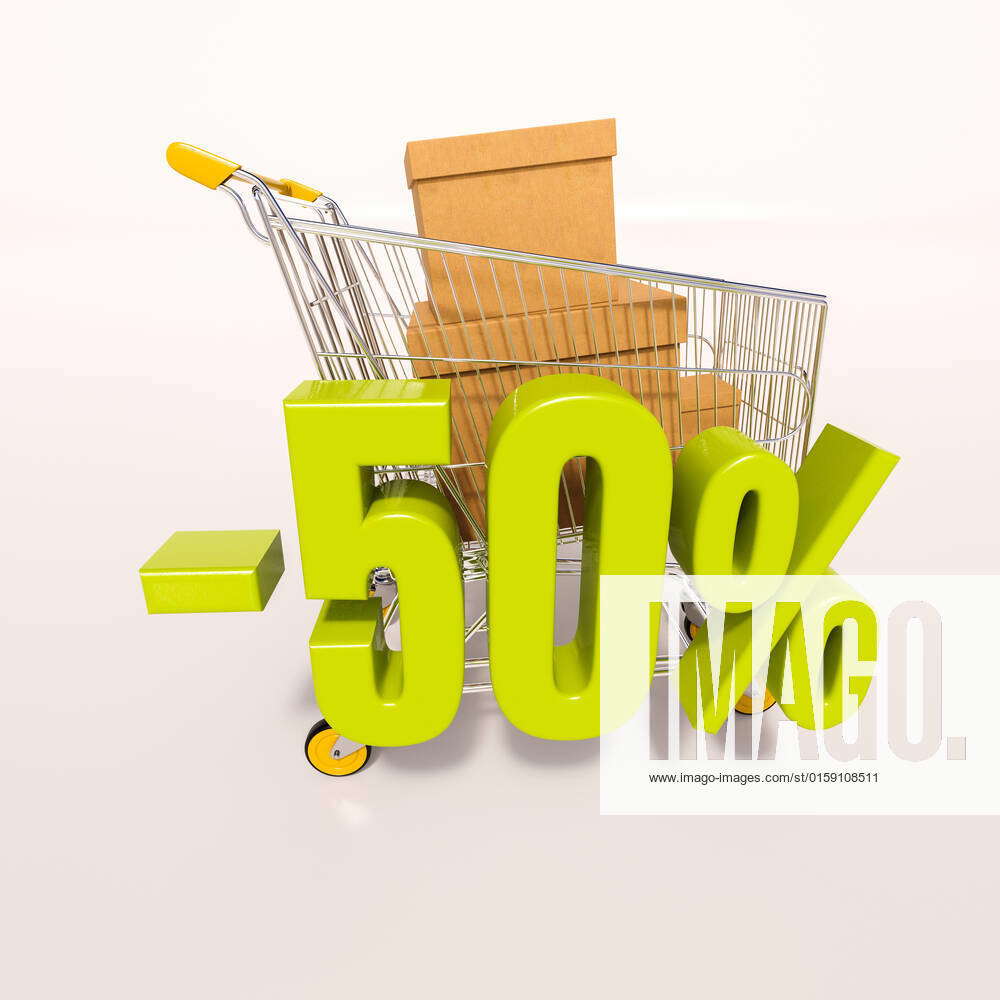 3d render: shopping cart and green 50 percentage discount sign on white ...