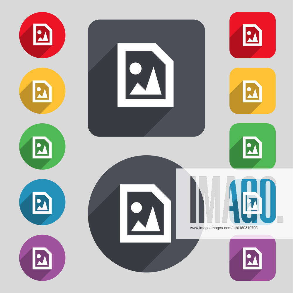 File JPG icon sign. A set of 12 colored buttons and a long shadow. Flat ...