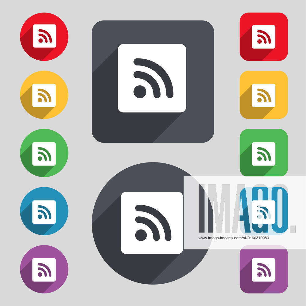 RSS feed icon sign. A set of 12 colored buttons and a long shadow. Flat ...