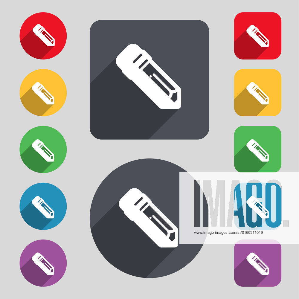 Pencil icon sign. A set of 12 colored buttons and a long shadow. Flat ...