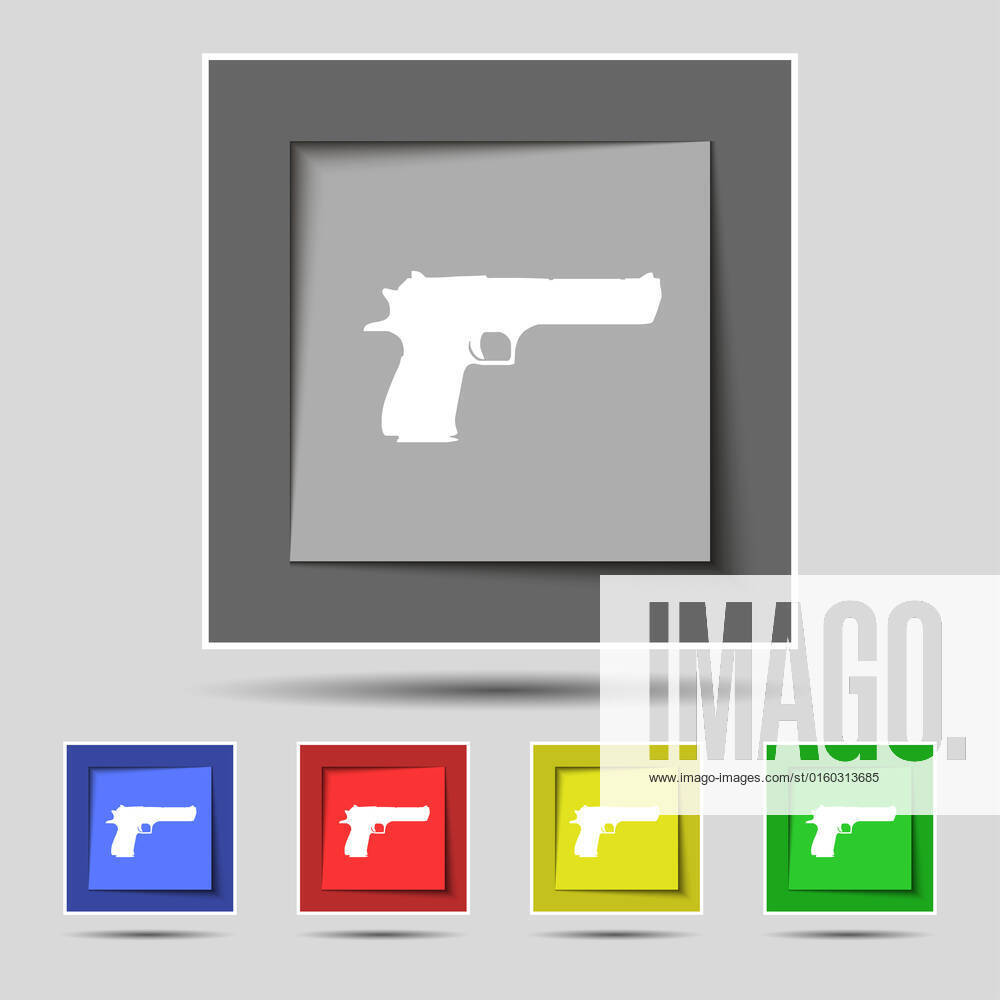Gun Inpect Button Image Gun icon sign on original five colored buttons. illustration, 20667166 ...
