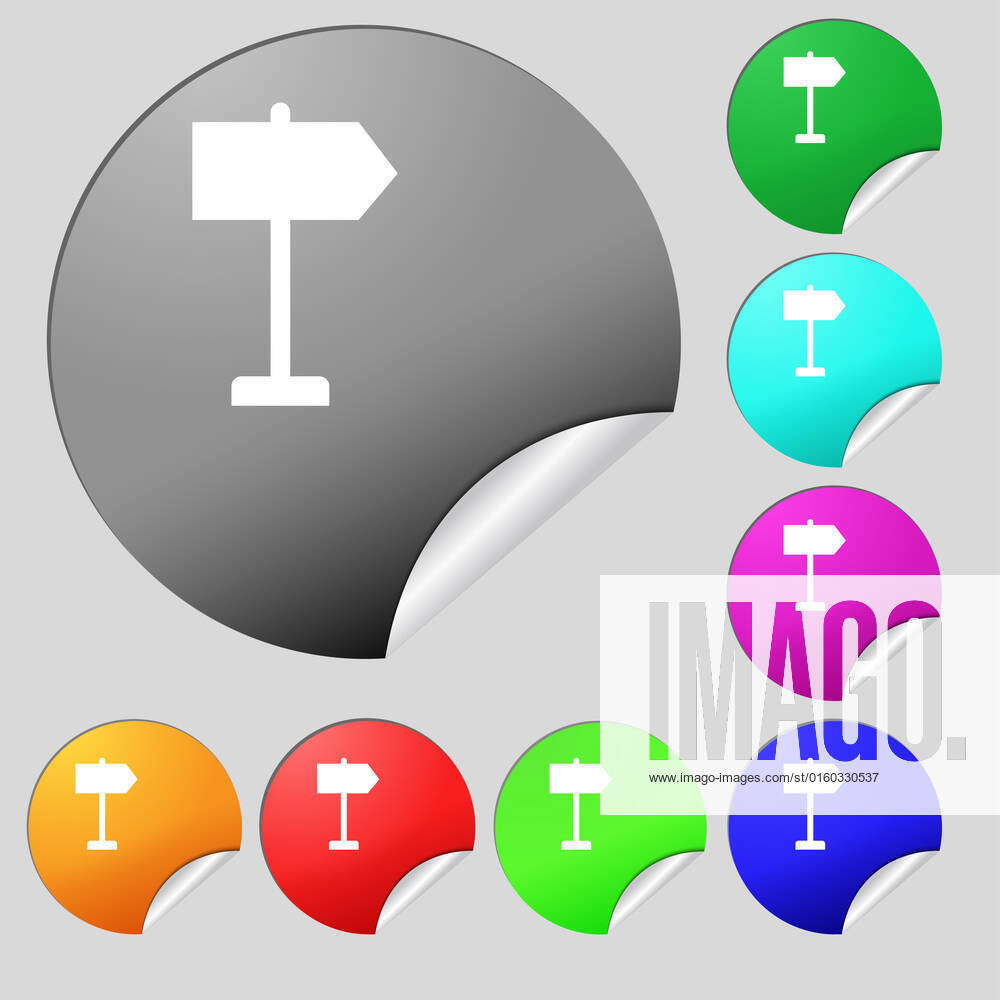 Signpost Stickers Signpost icon sign. Set of eight multi-colored round buttons, stickers ...