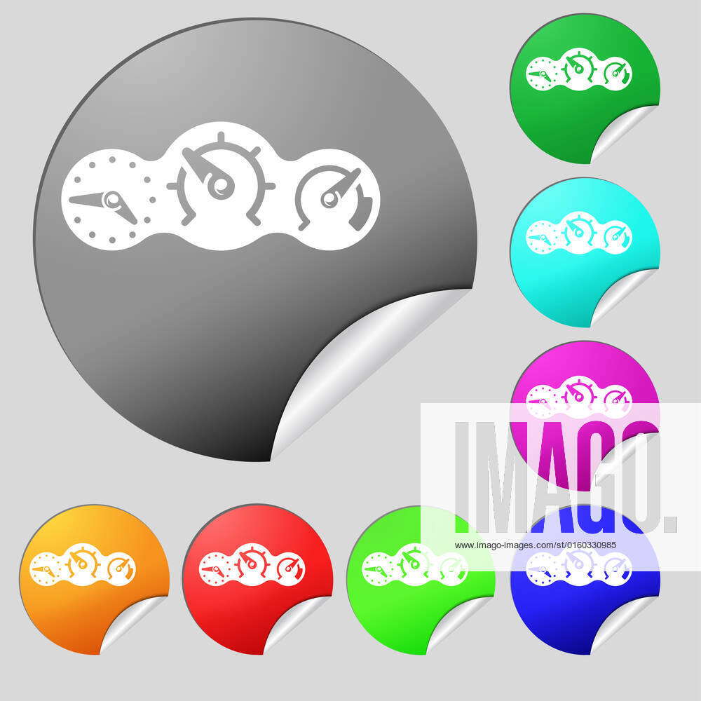 Speed, speedometer icon sign. Set of eight multi colored round buttons ...