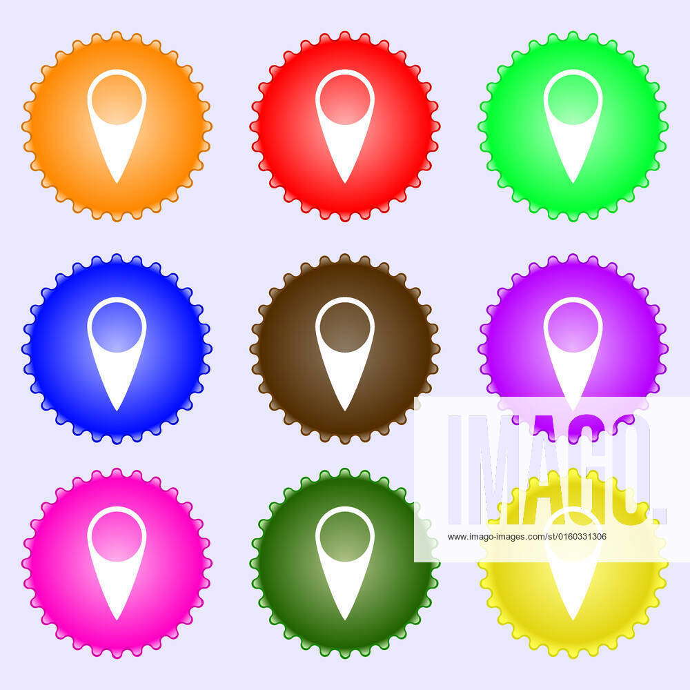 Map pointer icon. GPS location symbol. A set of nine different colored ...