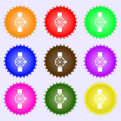 Watches icon symbol . A set of nine different colored labels ...