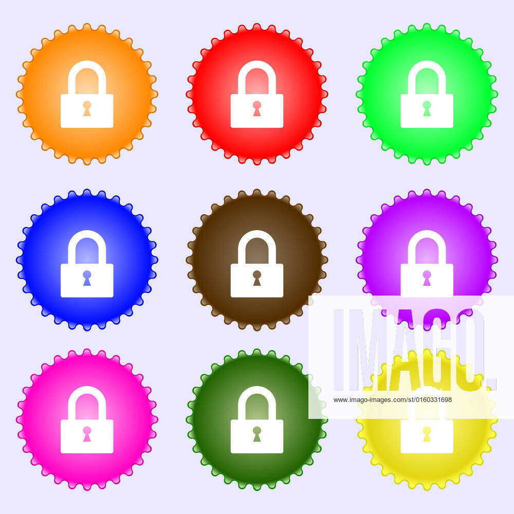 Lock sign icon. Locker symbol. A set of nine different colored labels ...