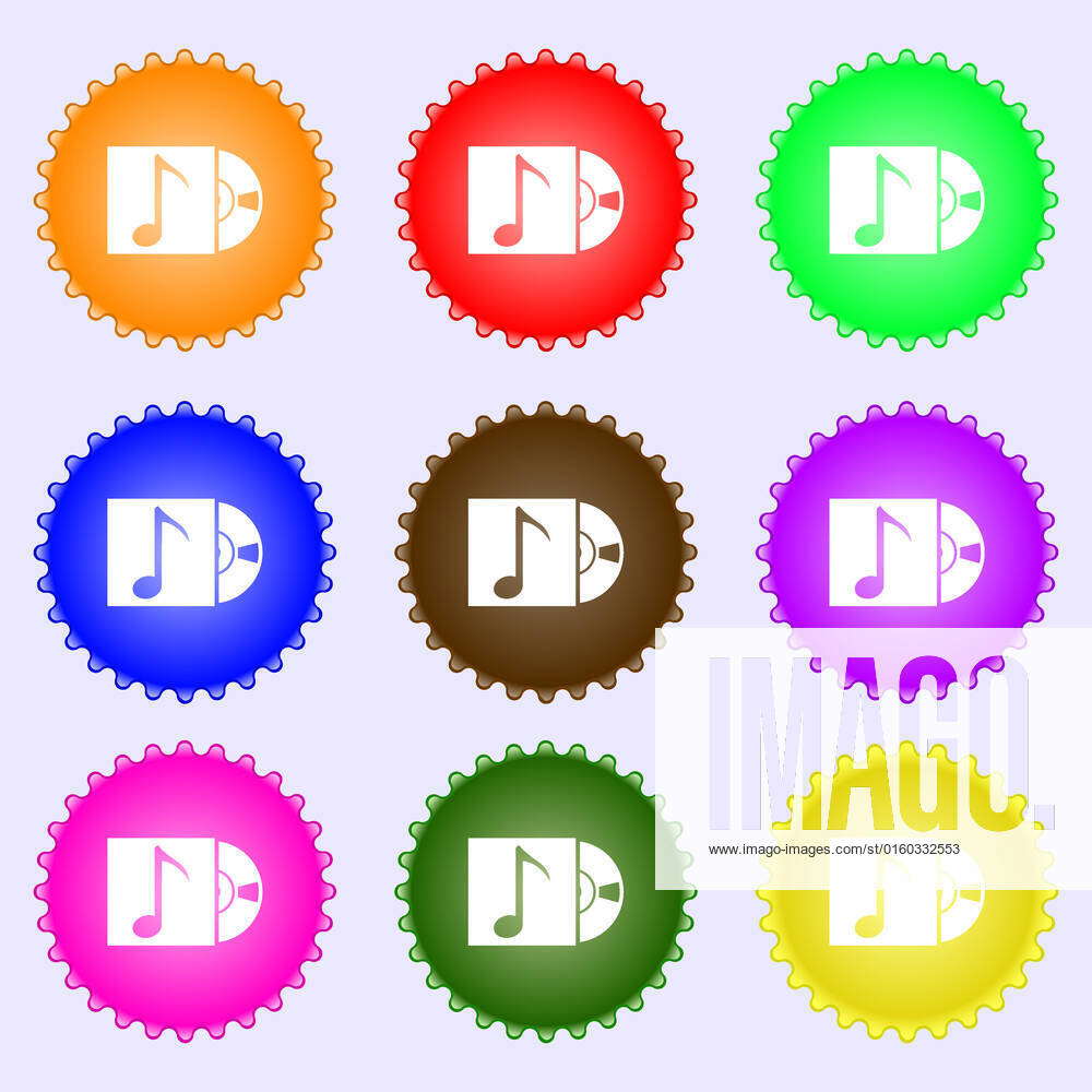 Cd player icon sign. A set of nine different colored labels ...
