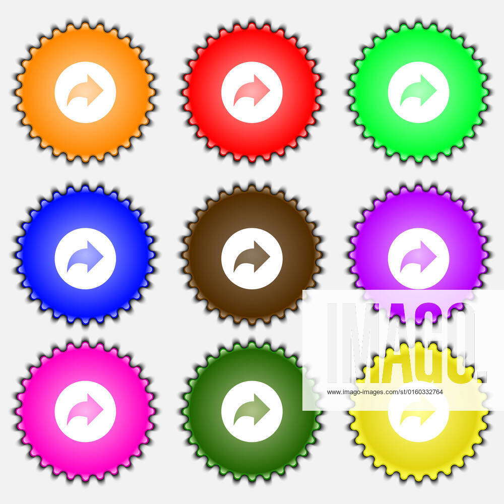 Arrow right, Next icon sign. A set of nine different colored labels ...