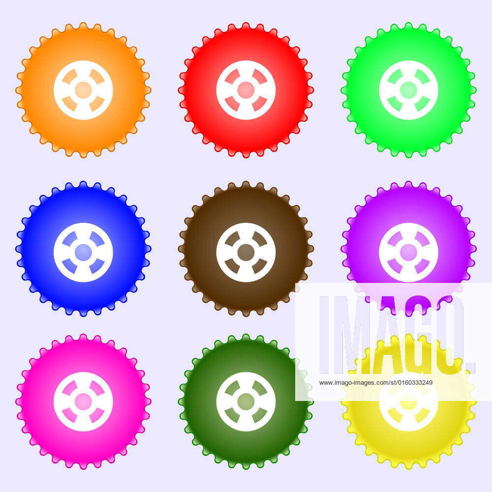 Film icon sign. A set of nine different colored labels. illustration ...