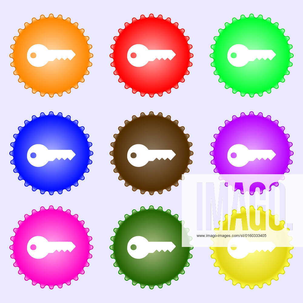Key icon sign. A set of nine different colored labels. illustration ...