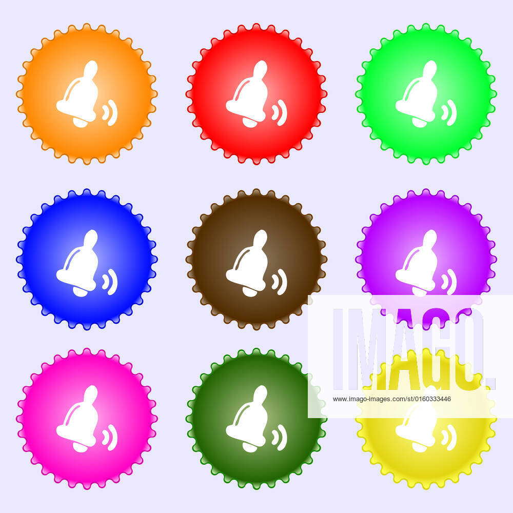 Bell icon sign. A set of nine different colored labels. illustration ...