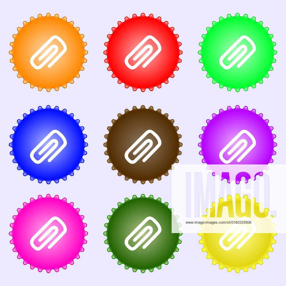 Clip to paper icon sign. A set of nine different colored labels ...