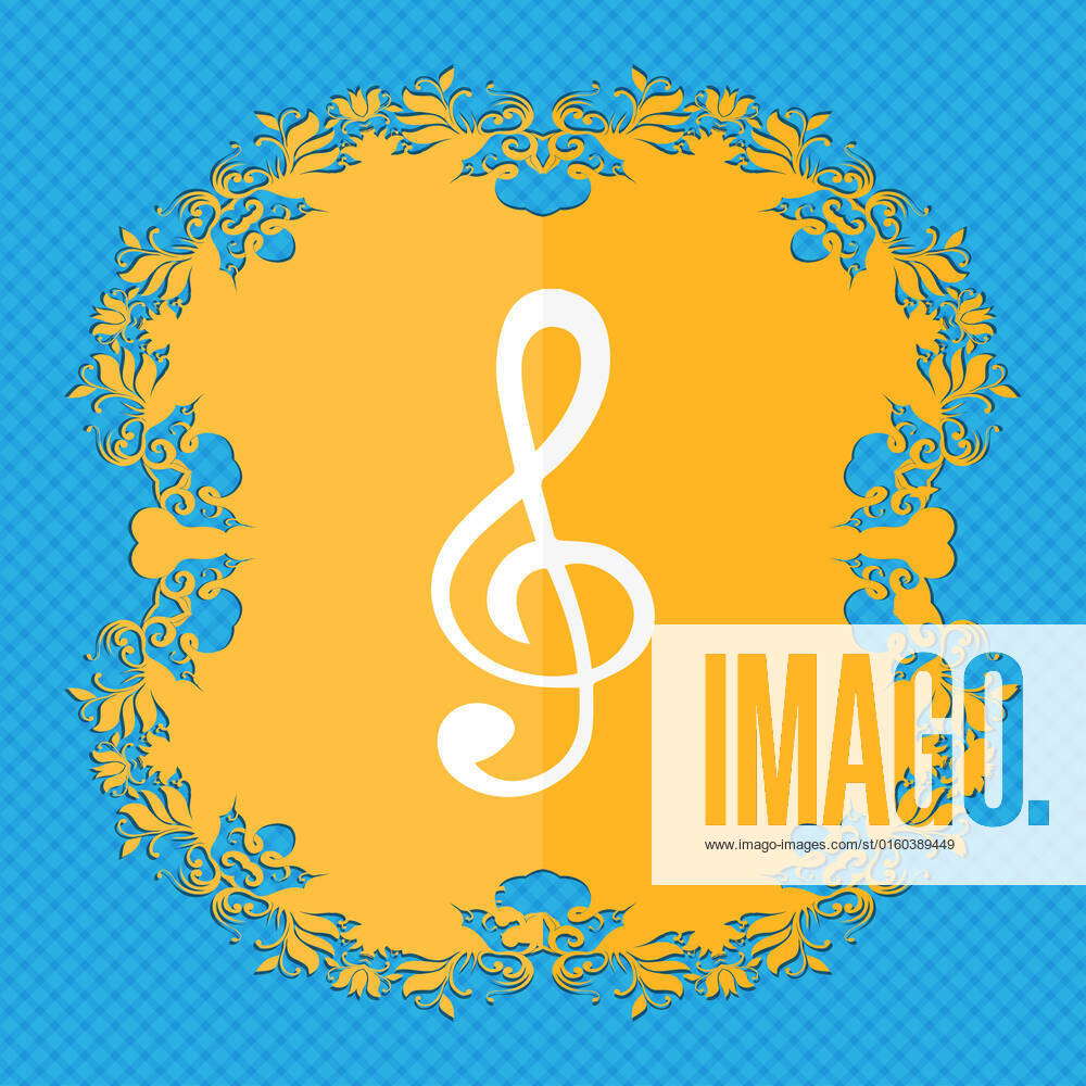 Treble clef icon. Floral flat design on a blue abstract background with ...