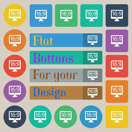 Aspect ratio 16:9 widescreen tv icon sign. Set of eight multi colored ...